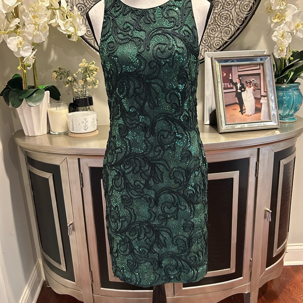 Badgley Mischka Emerald and Black Sequin Midi Dress
